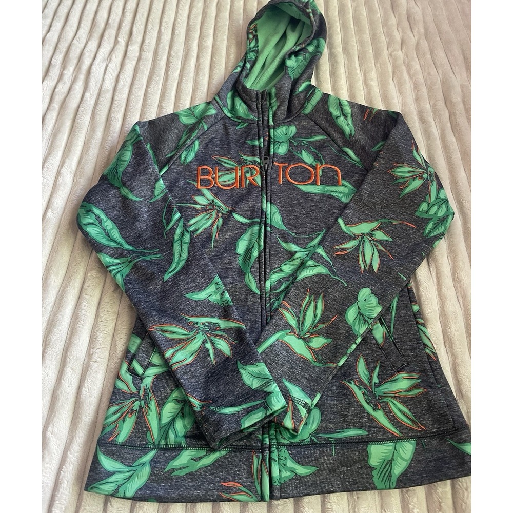 Burton Hoodie Womens Small Green Tropical Leaf Full Zip Fleece